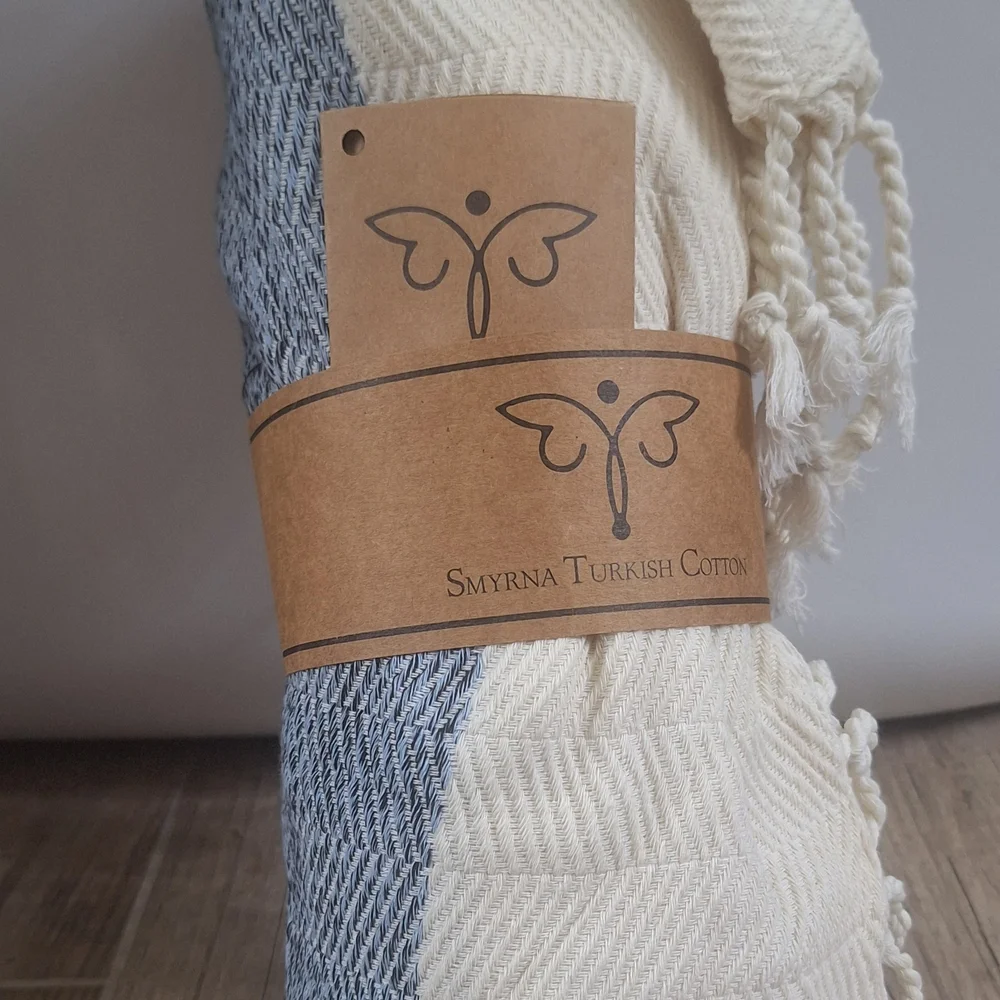 NWT Smyrna Turkish Blue &  Cream Bath Throw Blanket ( Approx 60x50) - Picture 2 of 4